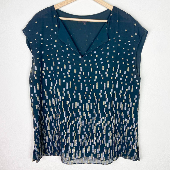 Lafayette 148 New York Tops - Lafayette 148 Dark Emerald Green Blouse L Metallic Print Sleeveless Shell